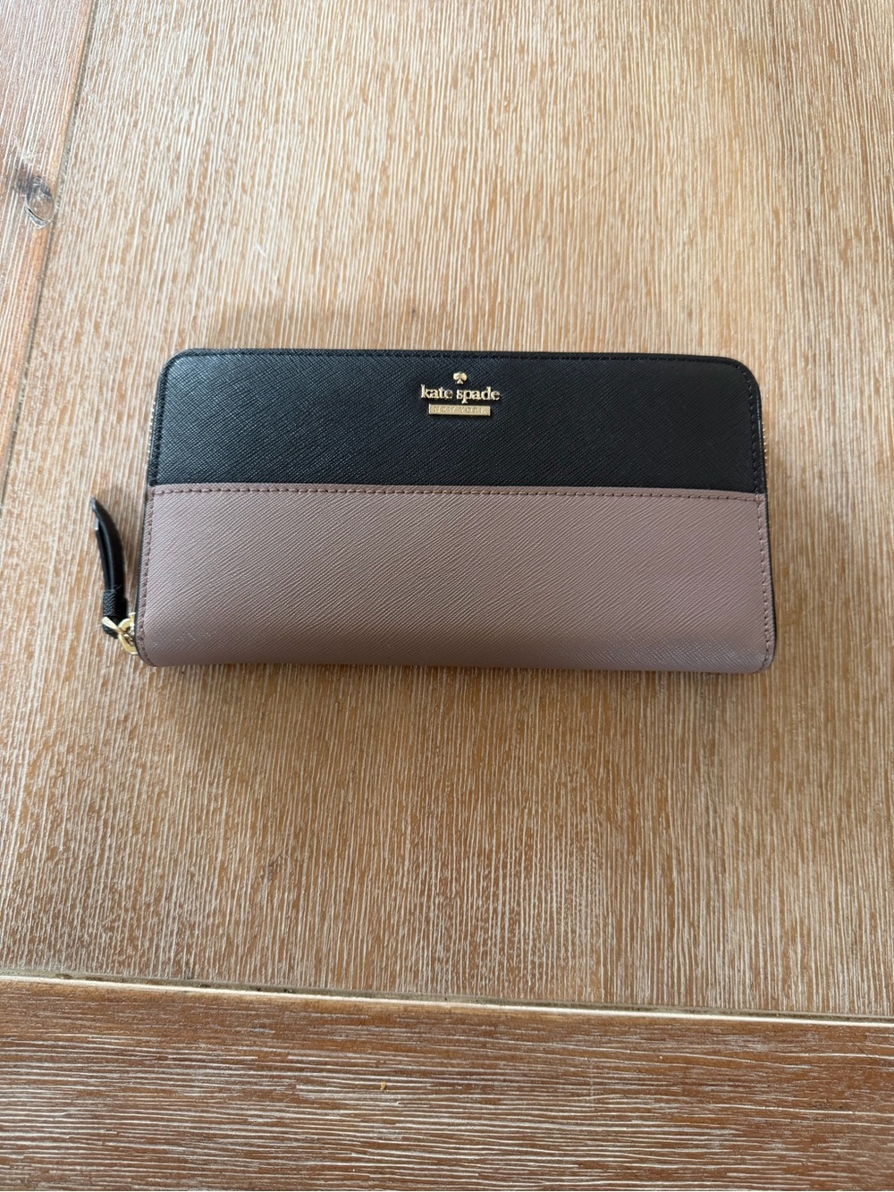 kate spade Black and Taupe Zip-Around Wallet with Gold Logo